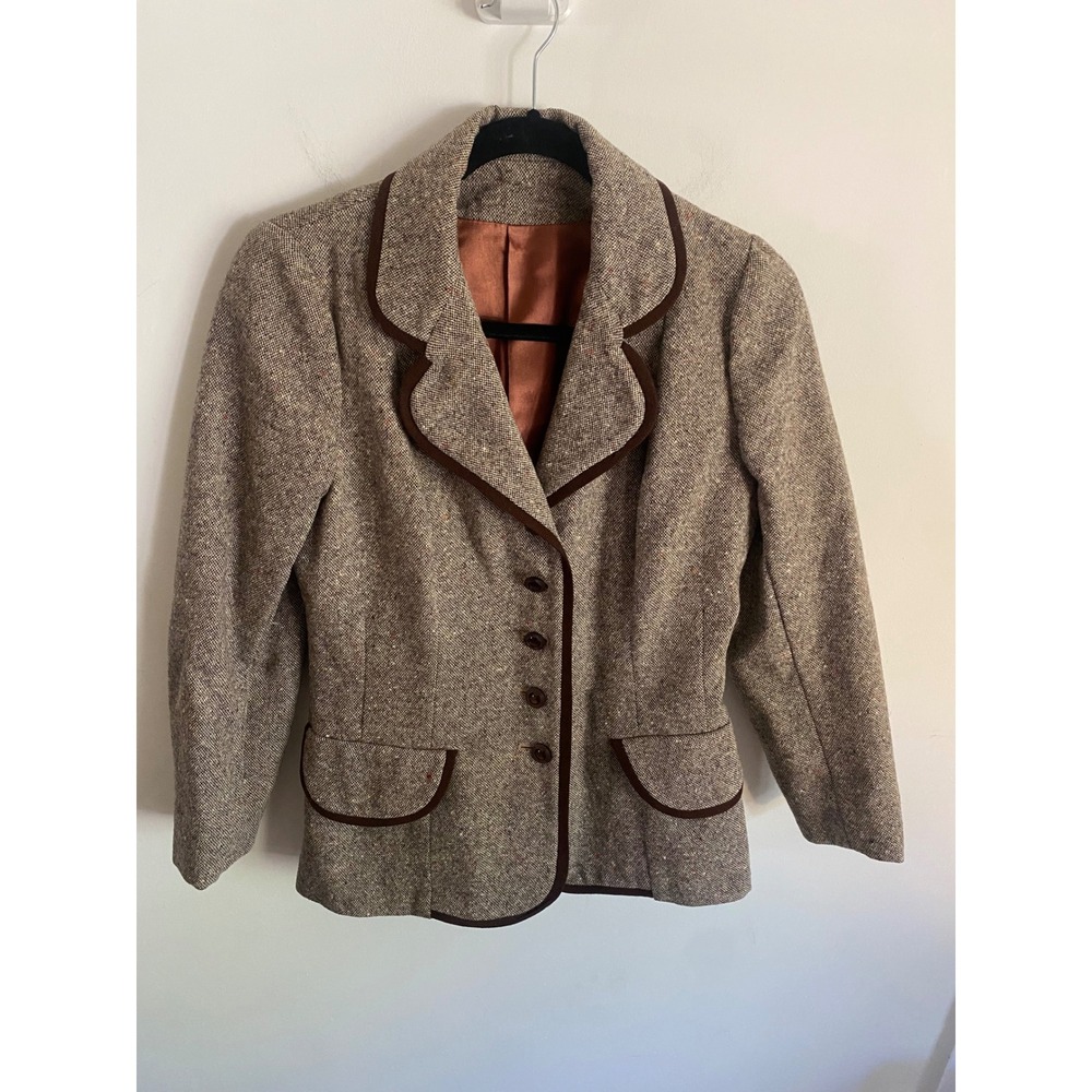 Vintage Mary-Lane Brown Wool Tweed Blazer Jacket Contrast Piping Speckled Tan